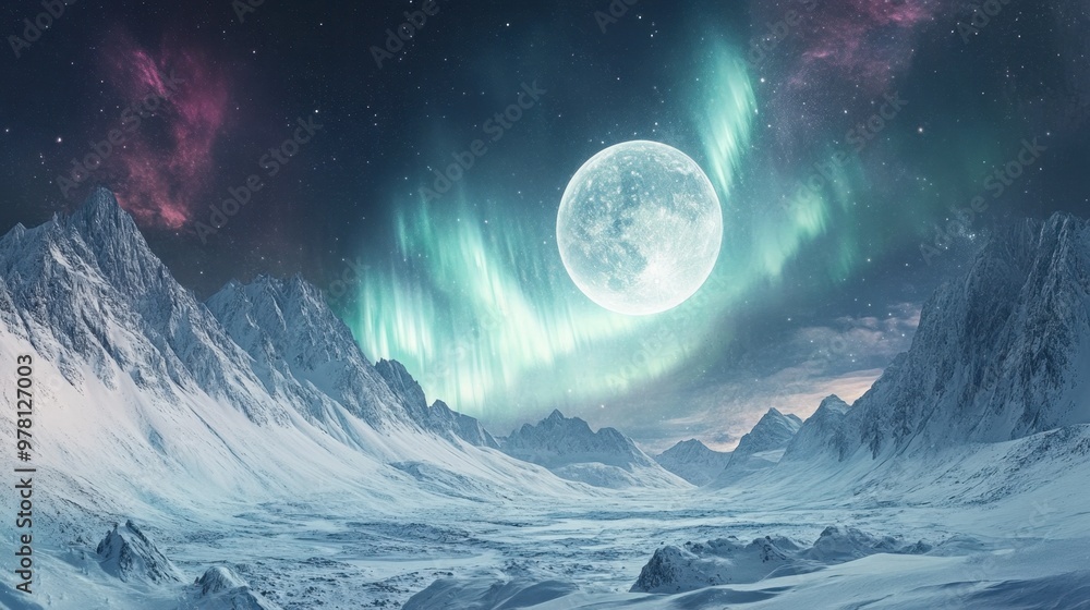 A panoramic view of the Aurora Borealis over a snowy mountain valley, with distant peaks and a star-filled sky. A panoramic view of the Aurora Borealis over a snowy mountain valley, with distant peaks and a star-filled sky.