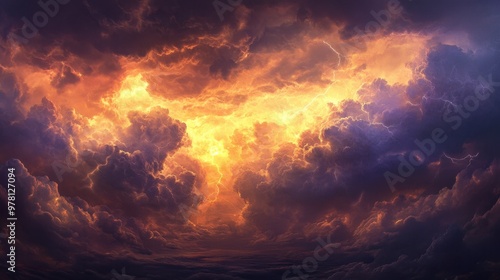 A panoramic view of towering clouds during a storm, with bolts of lightning in the distance.