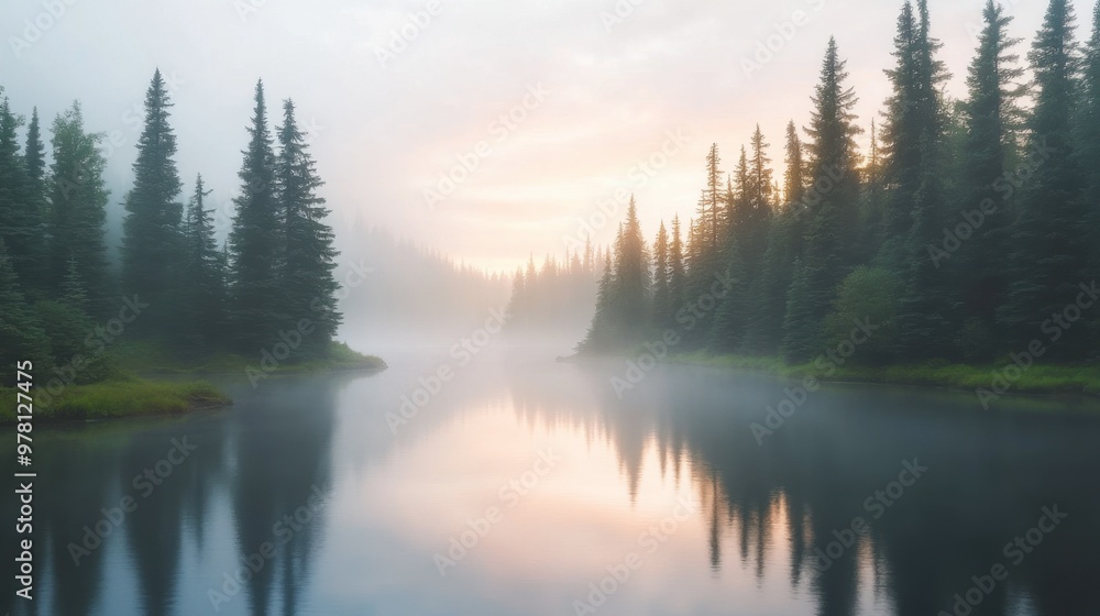 A peaceful river flowing through a misty forest at dawn, with tall trees reflected in the calm water. A peaceful river flowing through a misty forest at dawn, with tall trees reflected in the calm water.