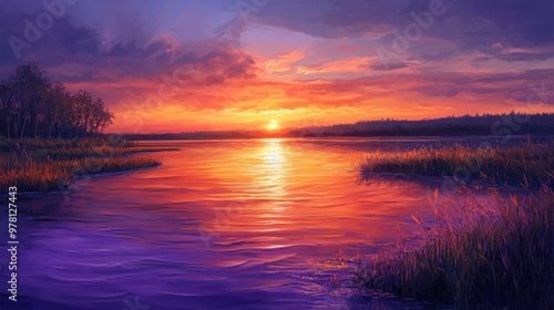 A peaceful river at sunset, with the water glowing orange and purple as the sun dips below the horizon.