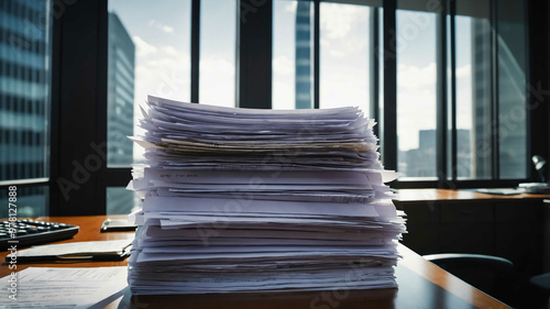 Financial documents stacked on a desk with an office window in the background photo