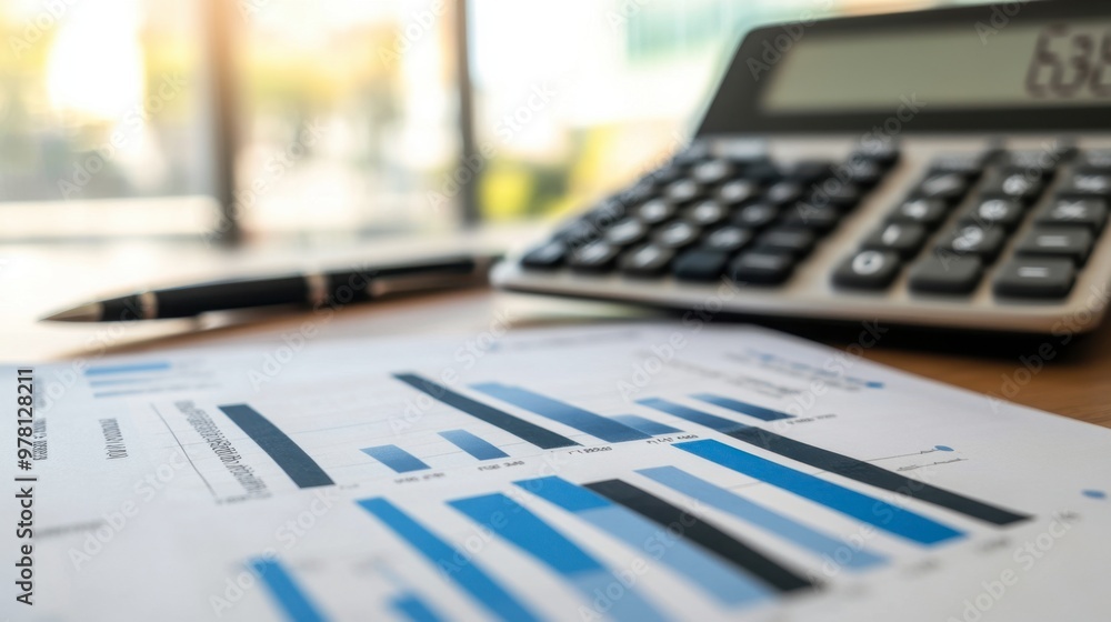 A printed bar graph on a desk, with a calculator, pen, and documents, illustrating profit and loss data. A printed bar graph on a desk, with a calculator, pen, and documents, illustrating profit and loss data.
