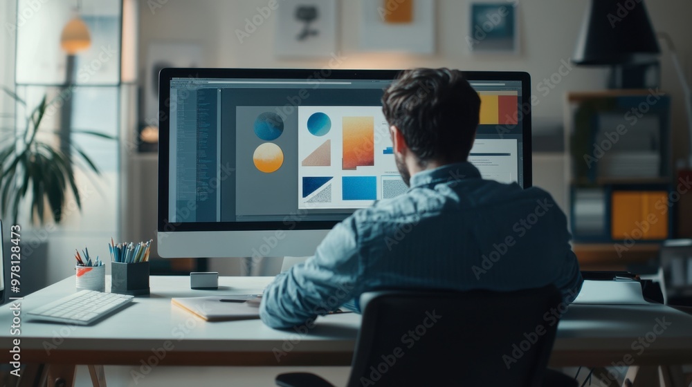 A professional graphic designer working on a branding project, with a logo and color palettes on a large monitor. A professional graphic designer working on a branding project, with a logo and color palettes on a large monitor.