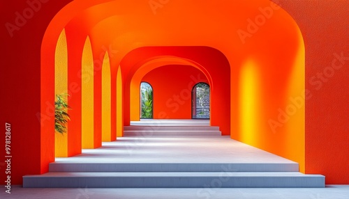 Orange Archway with Steps Leading to a Courtyard View