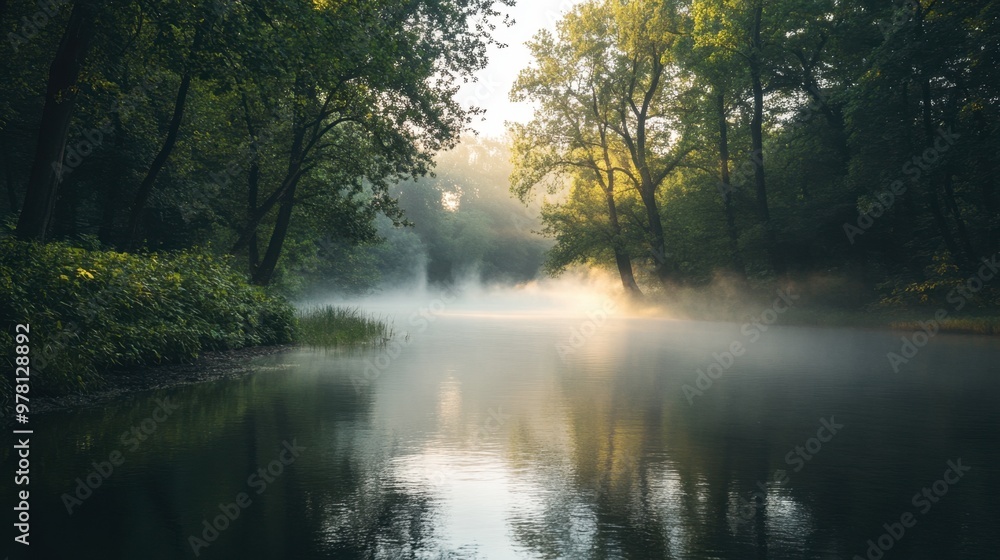 A quiet river running through a foggy forest at dawn, with the mist hanging low over the water and trees. A quiet river running through a foggy forest at dawn, with the mist hanging low over the water and trees.
