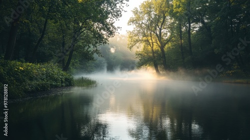 A quiet river running through a foggy forest at dawn, with the mist hanging low over the water and trees.