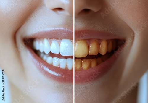 Split-Screen Comparison of Healthy and Stained Teeth