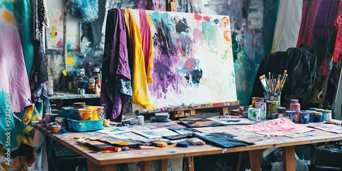 Creative Designer: A young artist's workspace, scattered with colorful fabrics, paints, and sketches on a large easel.