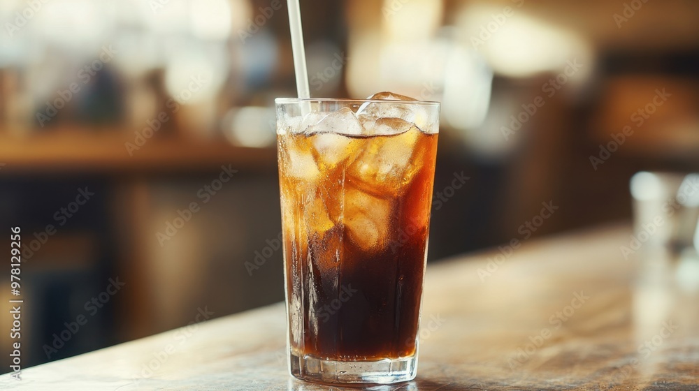 A refreshing iced coffee on a table, with ice cubes visible in the drink, condensation on the glass, and a straw. A refreshing iced coffee on a table, with ice cubes visible in the drink, condensation on the glass, and a straw.