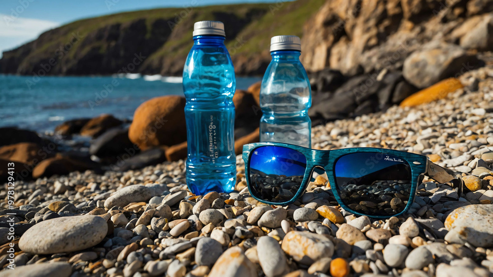 Pair of sunglasses and a water bottle on a rocky beach Pair of sunglasses and a water bottle on a rocky beach