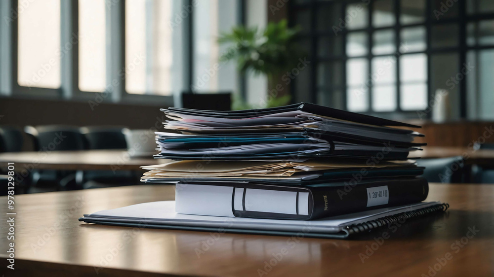 Stack of business folders on a conference table with a laptop open nearby Stack of business folders on a conference table with a laptop open nearby