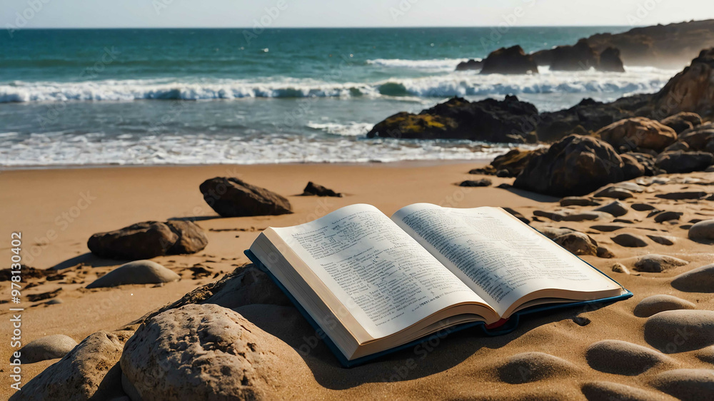 Travel book open on a sandy beach with rocks in the background Travel book open on a sandy beach with rocks in the background