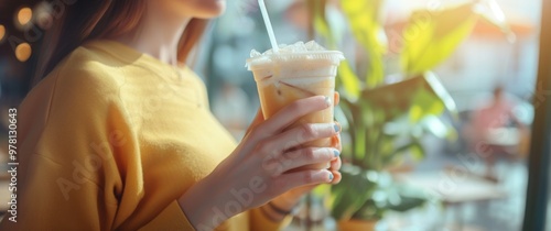 Person enjoying an iced coffee in a warmly lit environment. photo