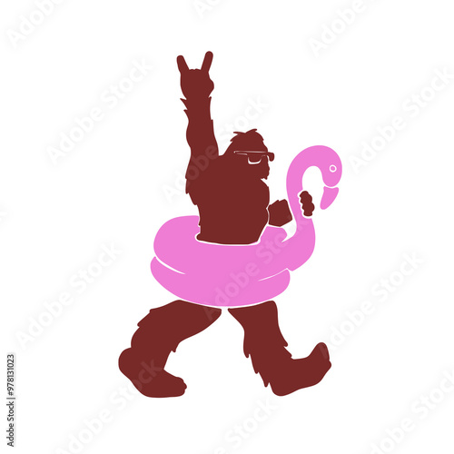 Vector Silhouette of Bigfoot with Flamingo Pool Float and Sunglasses