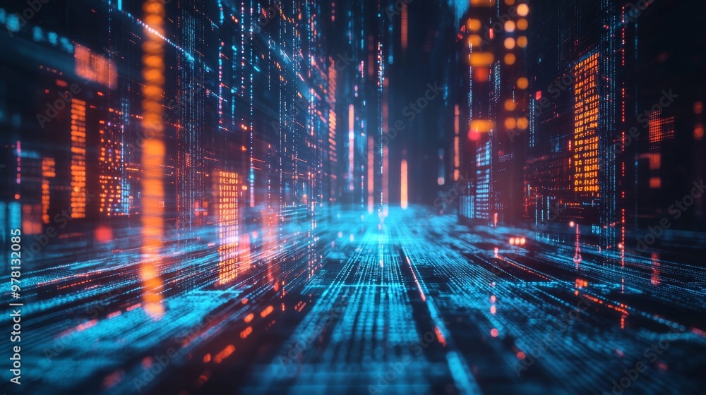 Obraz premium Abstract digital data stream in glowing blue and orange lights