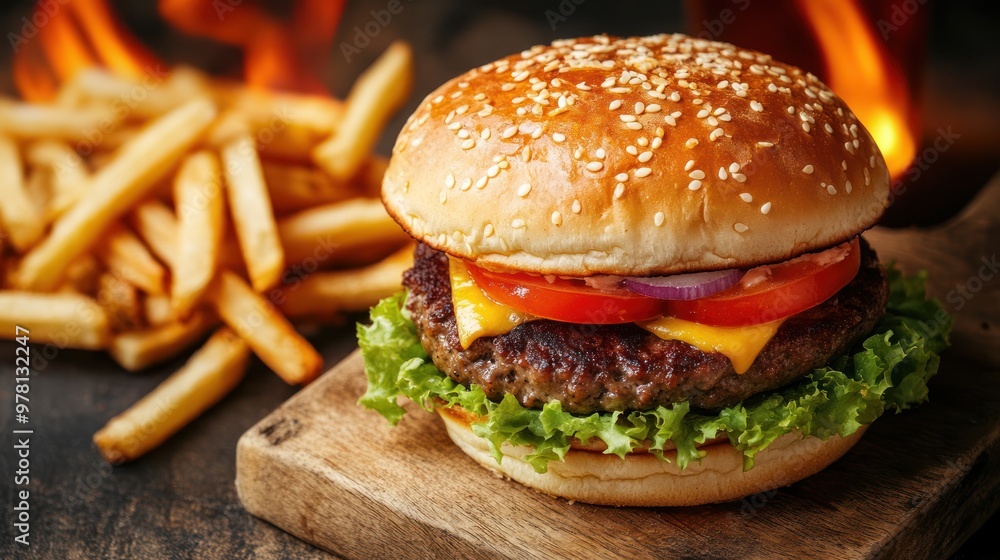 Tasty burger with french fries and fire Tasty burger with french fries and fire