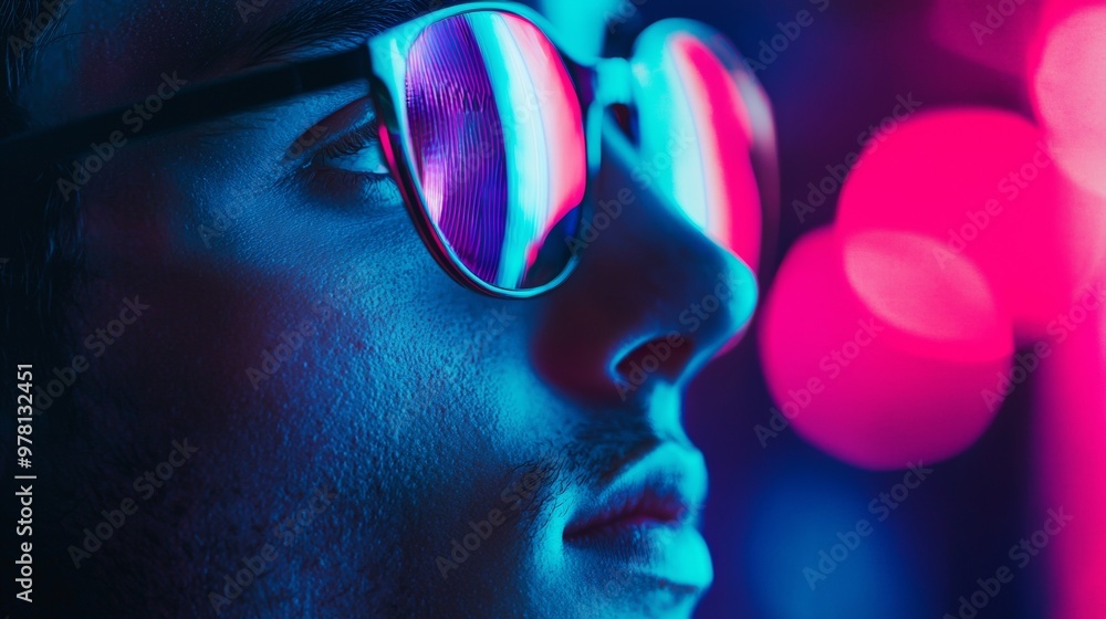 Close-up of person wearing glasses reflecting neon lights Close-up of person wearing glasses reflecting neon lights