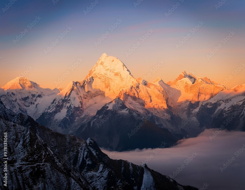 Serene snow-capped peaks at sunrise with golden light touching the mountain tops Serene snow-capped peaks at sunrise with golden light touching the mountain tops