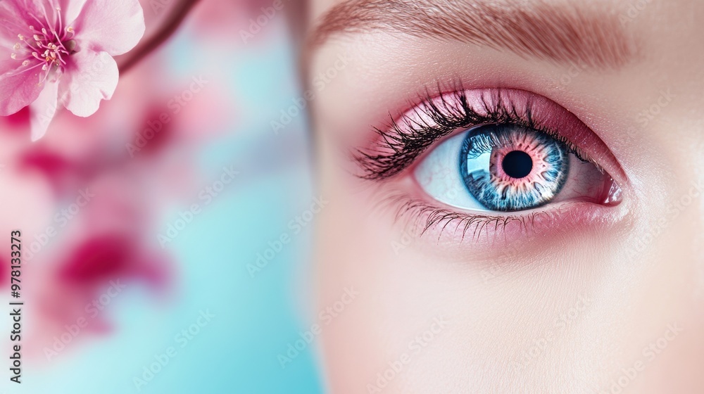 A close up of a woman's eye with pink flowers in the background, AI A close up of a woman's eye with pink flowers in the background, AI