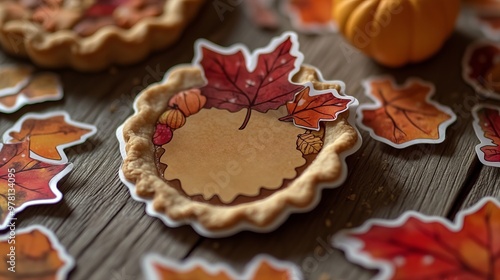 A decorative pie crust surrounded by colorful autumn leaves and a small pumpkin, capturing the essence of fall.