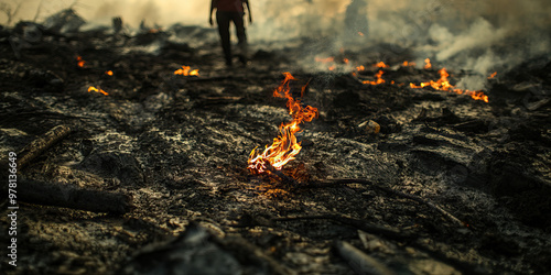 Smoldering Embers of Resilience: A lone figure stoically tends to a small fire amidst the devastation, symbolizing the human spirit's endurance. photo