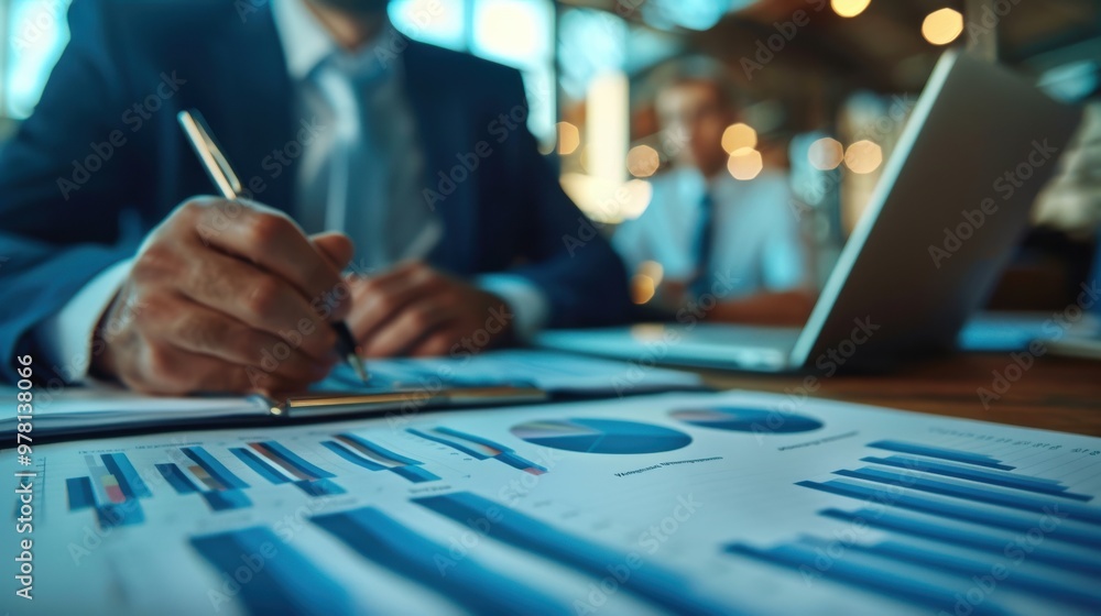 Business professional analyzing graphs at workspace Business professional analyzing graphs at workspace