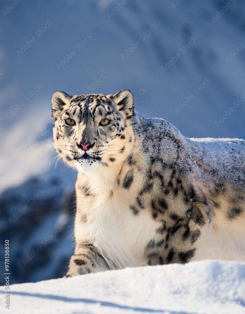 Silent Hunter: Snow Leopard Stalking Prey in a Snow-Covered Mountain Silent Hunter: Snow Leopard Stalking Prey in a Snow-Covered Mountain