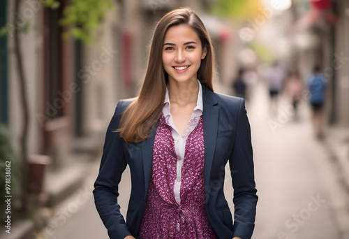 A professional young business woman portrait. A young woman with a warm smile. She has long hair. Her expression is friendly and approachable, showcasing her clear skin and bright eyes.