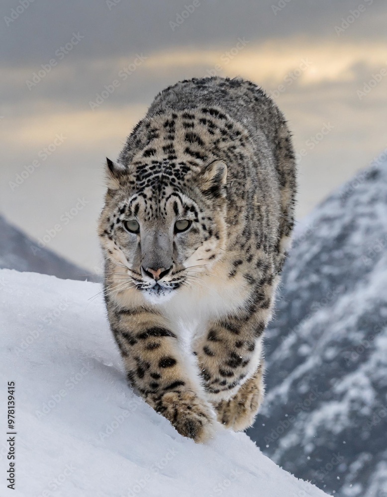 Fototapeta premium Silent Hunter: Snow Leopard Stalking Prey in a Snow-Covered Mountain