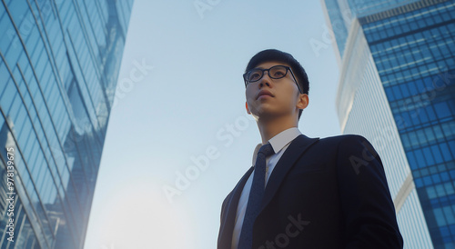 Jovem empresário chinês está ao pé de um prédio de escritórios, olhando para o horizonte com determinação e propósito. A cena é cinematográfica, céu azul e fundo da cidade de arranha-céus