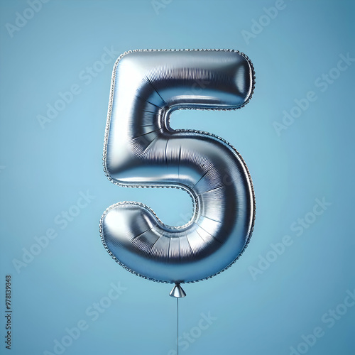 number 5 silver balloon isolated on blue background