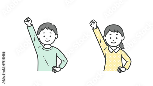 ガッツポーズをする少年少女の上半身イラスト
