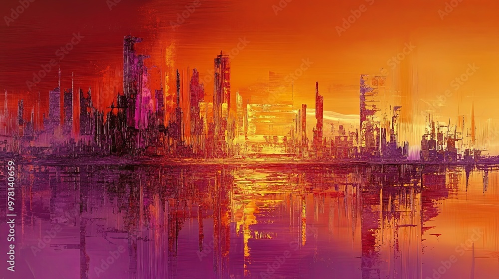 Abstract city skyline at sunset, featuring a stunning blend of warm oranges and purples that capture the urban landscape at its most enchanting hour. Abstract city skyline at sunset, featuring a stunning blend of warm oranges and purples that capture the urban landscape at its most enchanting hour.