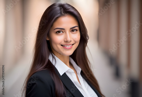 A professional young business woman portrait. A young woman with a warm smile. She has long hair. Her expression is friendly and approachable, showcasing her clear skin and bright eyes.