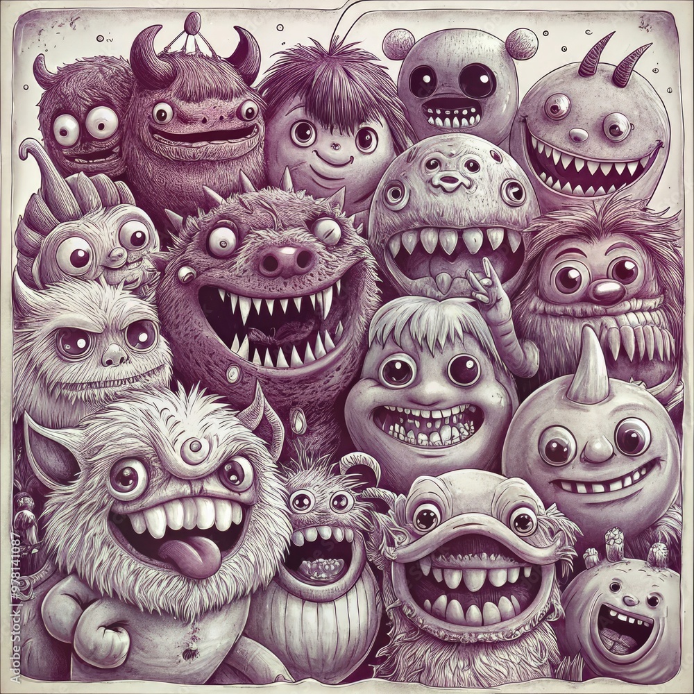 Drawing from a sketchbook with lots of cute doodle monsters and quirky ...