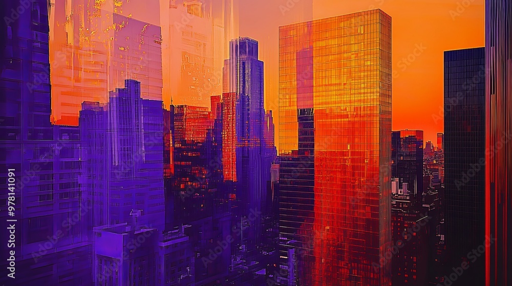 Obraz premium Abstract city skyline at sunset, featuring a stunning blend of warm oranges and purples that capture the urban landscape at its most enchanting hour.