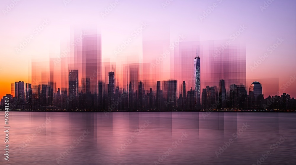 Abstract city skyline at sunset, featuring a stunning blend of warm oranges and purples that capture the urban landscape at its most enchanting hour. Abstract city skyline at sunset, featuring a stunning blend of warm oranges and purples that capture the urban landscape at its most enchanting hour.