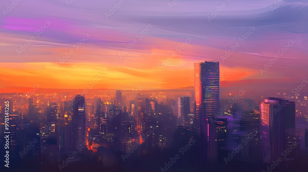 Fototapeta premium Abstract city skyline at sunset, featuring a stunning blend of warm oranges and purples that capture the urban landscape at its most enchanting hour.