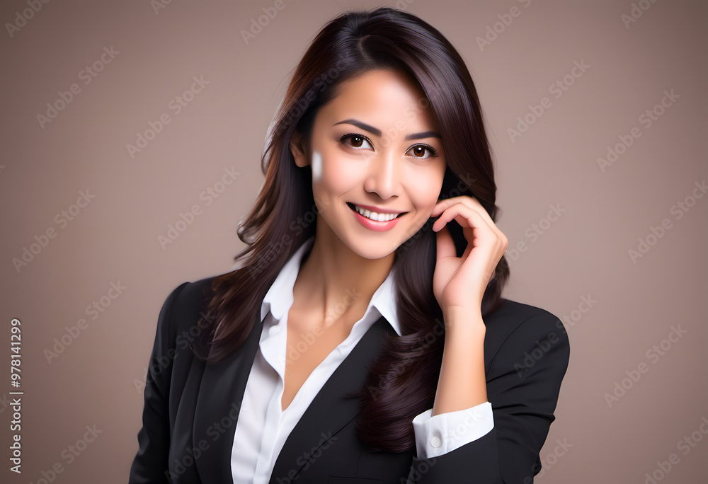 A professional young business woman portrait. A young woman with a warm smile. She has long hair. Her expression is friendly and approachable, showcasing her clear skin and bright eyes. A professional young business woman portrait. A young woman with a warm smile. She has long hair. Her expression is friendly and approachable, showcasing her clear skin and bright eyes.