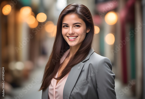 A professional young business woman portrait. A young woman with a warm smile. She has long hair. Her expression is friendly and approachable, showcasing her clear skin and bright eyes.