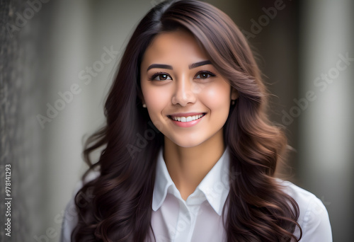 A professional young business woman portrait. A young woman with a warm smile. She has long hair. Her expression is friendly and approachable, showcasing her clear skin and bright eyes.