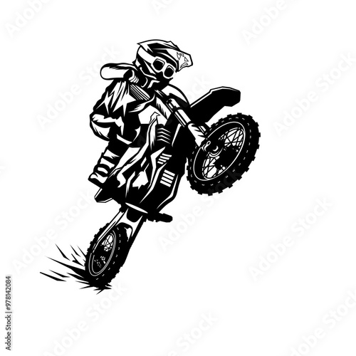 motocross rider lifting front tire freestyle front view right side black and white vector line art