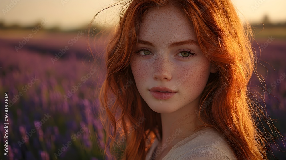 Dramatic close-up of a red-haired young woman, green eyes shining under a golden sunset, standing in a lavender field that stretches to the horizon Dramatic close-up of a red-haired young woman, green eyes shining under a golden sunset, standing in a lavender field that stretches to the horizon
