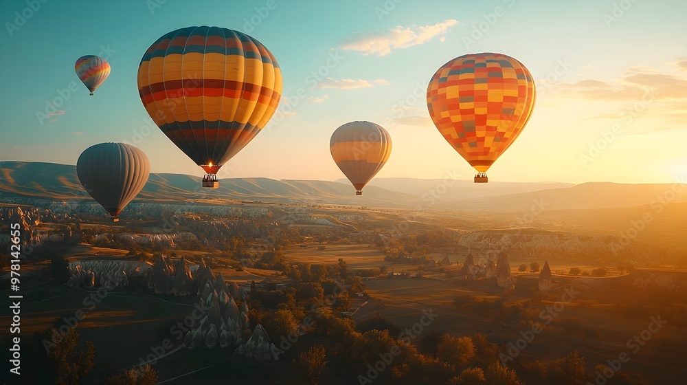 Fototapeta premium Dozens of bright, patterned hot air balloons ascending over a vast countryside at dawn, sunlight illuminating the balloons, Vintage, Soft focus, warm tones, nostalgic feel