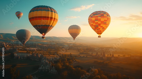 Dozens of bright, patterned hot air balloons ascending over a vast countryside at dawn, sunlight illuminating the balloons, Vintage, Soft focus, warm tones, nostalgic feel