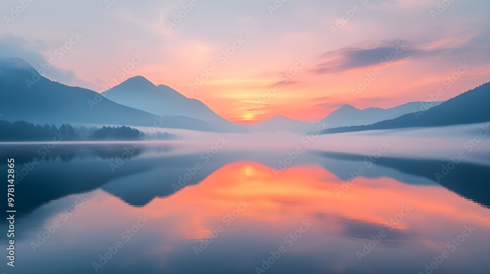 custom made wallpaper toronto digitalDawn breaking over a calm lake, mist shrouds distant mountain ranges, soft hues of orange and pink fill the sky, mirror-like water surface