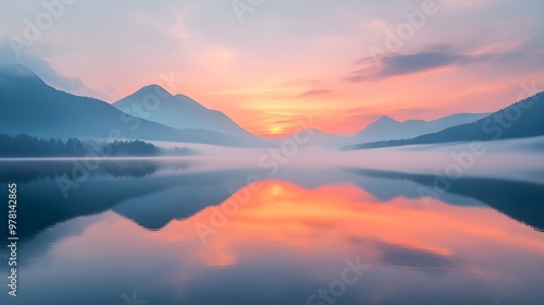Wallpaper Mural Dawn breaking over a calm lake, mist shrouds distant mountain ranges, soft hues of orange and pink fill the sky, mirror-like water surface Torontodigital.ca