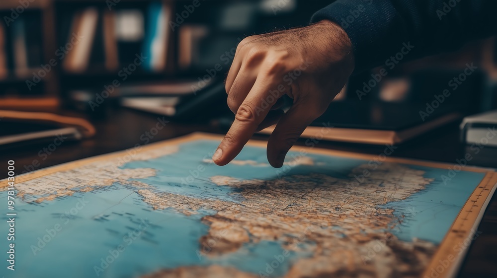 Hand pointing at specific location on a detailed world map Hand pointing at specific location on a detailed world map