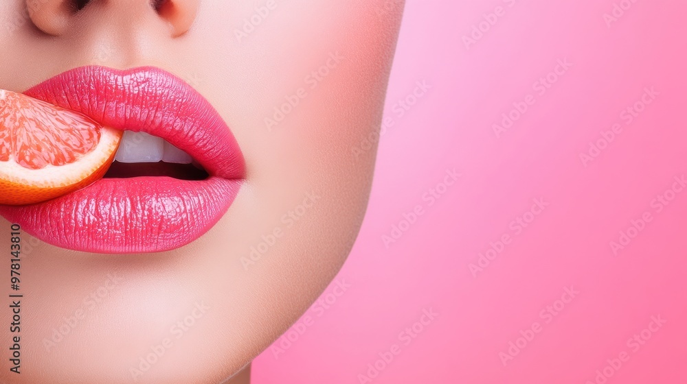 Obraz premium A woman with bright pink lips and a grapefruit in her mouth, AI