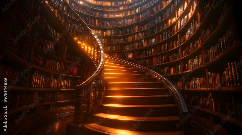An ancient library with towering bookshelves and a spiral staircase An ancient library with towering bookshelves and a spiral staircase